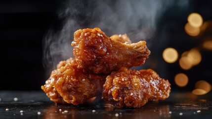 Korean style fried chicken against a dark background