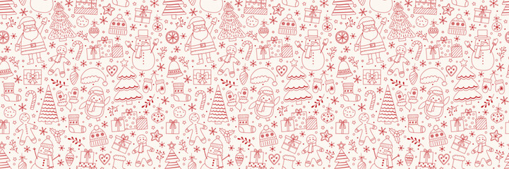 Christmas seamless pattern with cute cartoon characters and decorations. Wallpaper design. Vector illustration