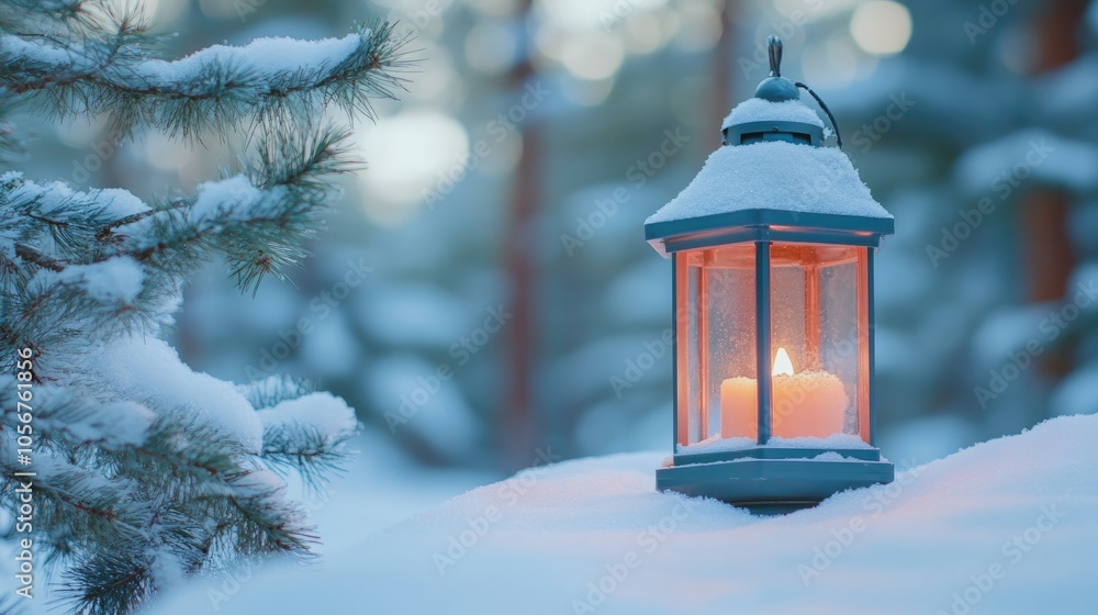 Aufkleber christmas lantern nestled in snow with fir branches set against a blurred forest soft bokeh creates 