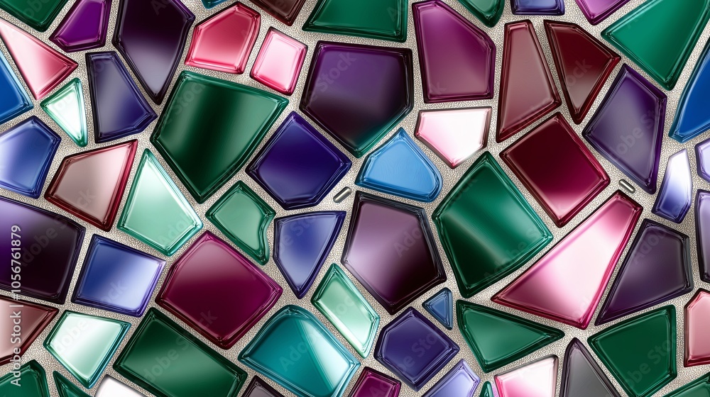 Poster a seamless mosaic pattern with geometric shapes in rich jewel tones like emerald, sapphire, and ruby