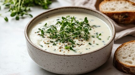 Creamy blue cheese soup served with bread and microgreens on a light backdrop Healthy eating weight loss and detox meal idea