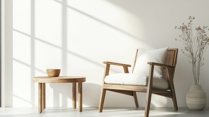 Stylish wooden chair in a bright living room with a blank table ready for mockup use