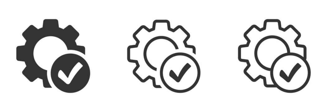 Checkmark with a gear vector icon. Checkmark with cogwheel icon. Gear and checkmark vector symbols set