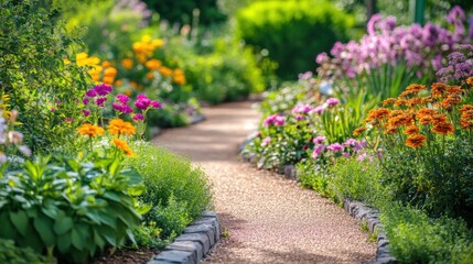Obraz premium Serene garden path with a stunning display of seasonal flowers,