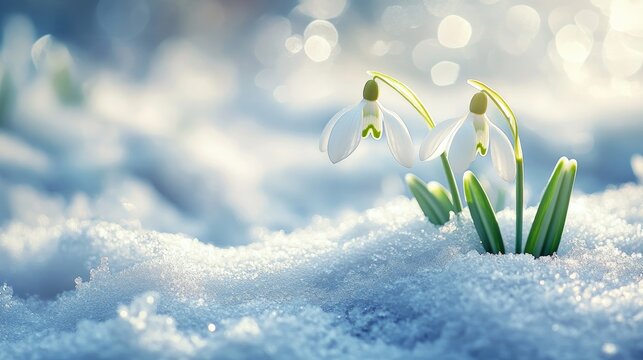 Delicate beauty of early snowdrop flowers peeking through melting snow perfect for celebrating the arrival of spring with soft focus and vibrant blooms