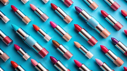 A vibrant arrangement of colorful lipstick tubes set against a bright blue background, showcasing a spectrum of shades and textures.