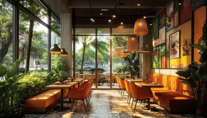 Fototapeta premium Digital Nomad Working Remotely in a Vibrant Cafe with Flexible Hours, Enjoying the Freedom of a Location Independent Lifestyle