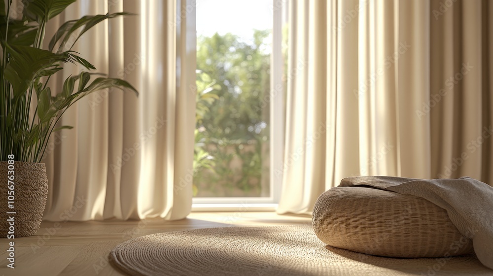 Poster full curtains in a light hued room featuring subtle color accents depth of field background and eart