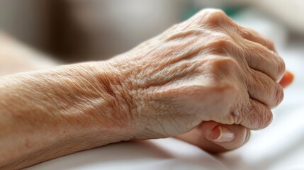 Naklejka premium A close-up of a senior's hand clasped together, displaying the texture and details of aged skin.