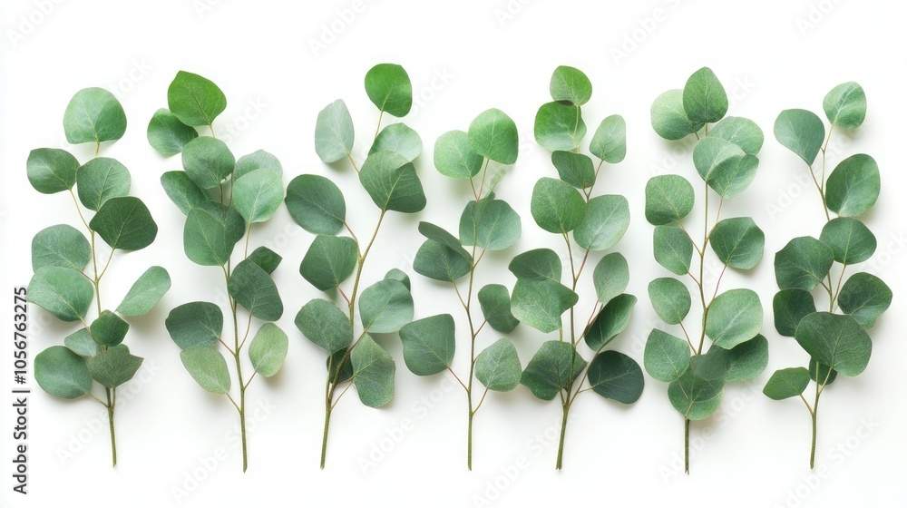 Aufkleber Isolated eucalyptus branches on a white background Top view of eucalyptus leaves arranged in a flat lay style featuring ample space for text Minimalistic botanical design ideal for banners