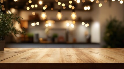 Wooden tabletop with bokeh lighting effect in a blurred kitchen setting High quality image