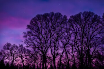 Obraz premium A twilight sky with shades of purple blue and pink silhouetted trees in the foreground, Ai Generated