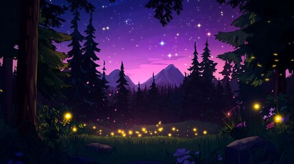 Fototapeta premium A magical nighttime forest scene with fireflies glowing among trees under a sky full of stars