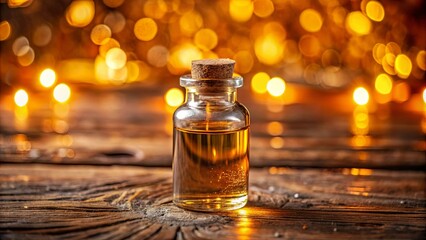 Golden Liquid In A Glass Bottle On A Rustic Wooden Surface With A Warm Bokeh Background