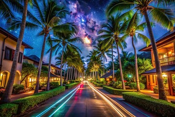 Naklejka premium Thailand Resort Corridor Long Exposure Photography - Night Lights and Movement
