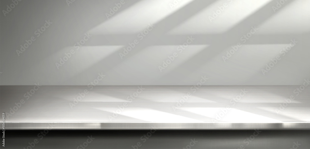 Poster minimal metal limbo style kitchen desk surface illuminated by window light creating diagonal shadow 