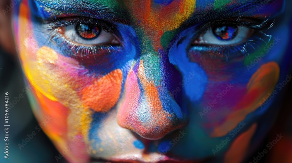 Poster close up of faces adorned with a vibrant array of paint highlighting vivid expressions of body art a