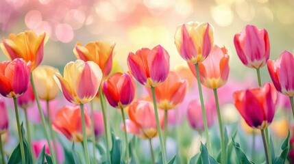 Watercolor style artwork of a colorful tulip field, with bold, expressive strokes