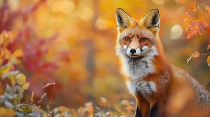 Portrait of a red fox surrounded by a colorful forest featuring its bright orange fur alert expression and a stunning natural environment highlighting wildlife photography