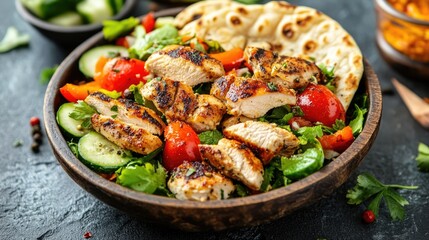 Tasty chicken salad accompanied by fresh vegetables and naan bread