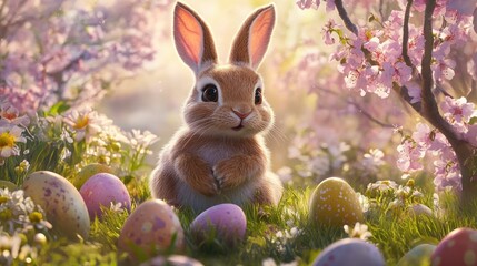 Discover the delightful realm of Easter festivities featuring the iconic Easter bunny spreading happiness among a vibrant collection of eggs and blossoms