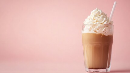 Iced coffee topped with whipped cream served in a stylish glass with a straw against a soft pink backdrop