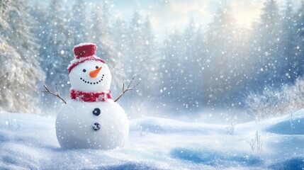 Obraz premium Joyful snowman in a winter landscape with ample copy space created using various tools