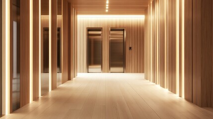 Fototapeta premium Wooden wall corridor in a hotel featuring elevator and glass doors High quality image