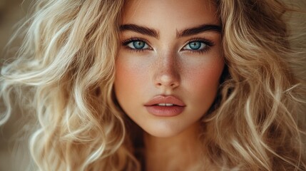 Fototapeta premium Elegant blonde with voluminous curls and striking blue eyes model for beauty and hair styling promotion