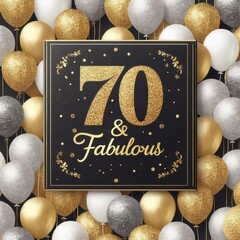 Celebratory 70th birthday card design with gold, silver, and white balloons.