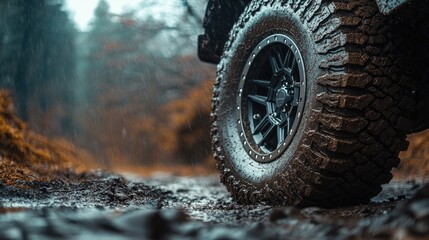 Durable off road tire featuring a gleaming aluminum rim contrasting beautifully with the roughness of the surrounding natural environment