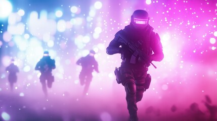 Obraz premium Soldiers sprint through a vibrant, neon-lit landscape, creating a dynamic and immersive scene filled with energy and motion.