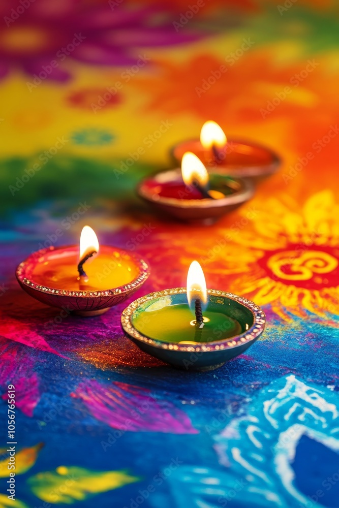 Poster a colorful table with four lit candles in small bowls. the table is decorated with a colorful patter