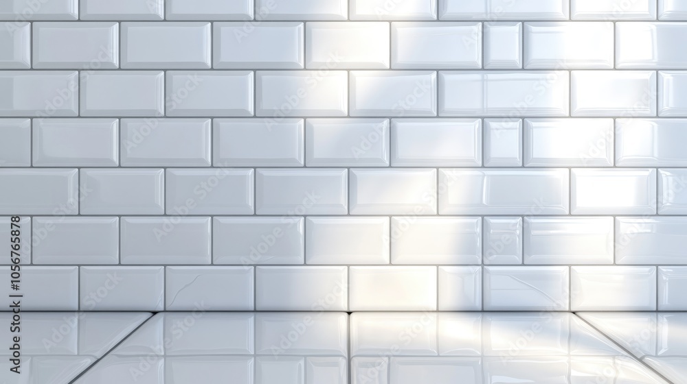 Poster background featuring glossy white subway tiles arranged in a rectangular pattern on a light wall pro