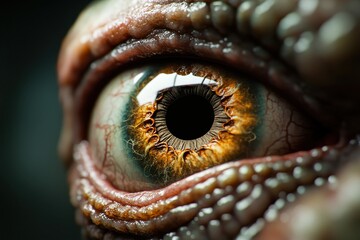 Naklejka premium A close-up of an intricate, unsettling eye with vivid colors and textures, perfect for creative projects in horror, fantasy, or science fiction themes, as well as artistic illustrations,