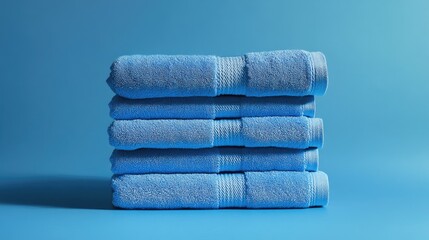 Stack of blue towels on a blue backdrop showcasing a minimalist still life Emphasizing cleanliness and hygiene