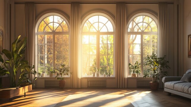 Fototapeta Arched windows in a living room with sunlight streaming in during sunrise