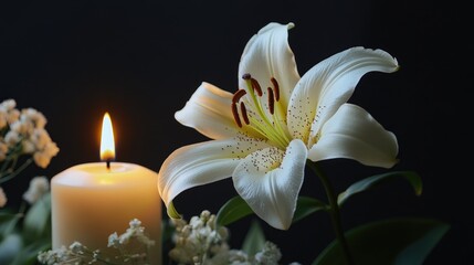 Obraz premium Elegant white lily and lit candle on dark backdrop offering space for text ideal for a memorial card design