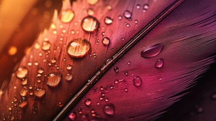 Fototapeta premium Close up of a feather with water droplets in shades of dark pink and light gold