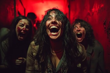 A group of screaming individuals in a dimly lit, red-toned corridor creates a chilling atmosphere, This image captures a sense of horror and intensity, suitable for film promotions, Halloween events