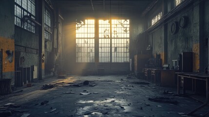 Abandoned industrial workshops within a defunct factory highlighting the impact of financial crisis and environmental pollution from industrial waste Suitable for a banner