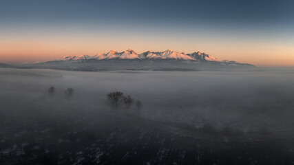 floor in the High Tatras with trees in the fog in the foothills