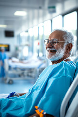 Joyful elderly patient in hospital setting smiling with hope and resilience surrounded by medical equipment and caring staff in background
