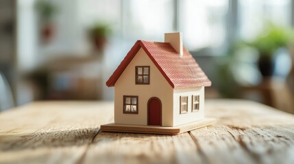 Real estate concept featuring a house model placed on a wooden table symbolizing buying and selling homes