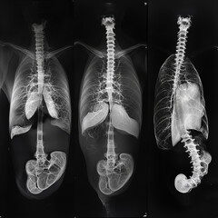 Three X-ray images show the lungs and lower back. These are important tools for doctors to see inside the body. November 8th is World Radiography Day.