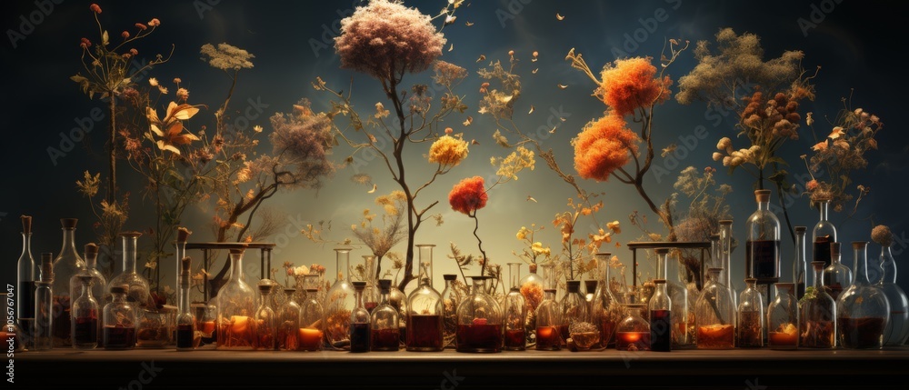 Poster flowers and bottles in a science-inspired display