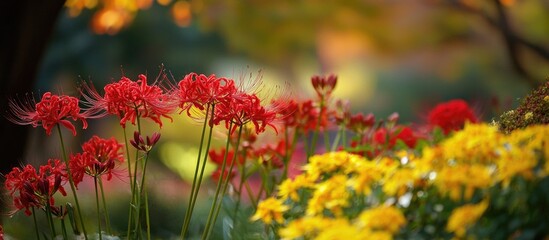 Flowers Of Red Spider Lily Anise Scented Sage And Golden Cosmos Blooming In A Japanese Park In Autumn