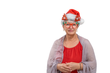 Senior woman in red dress and santa hat isolated