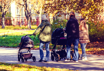 Obraz premium Three mothers wheeling a pram in the Park 