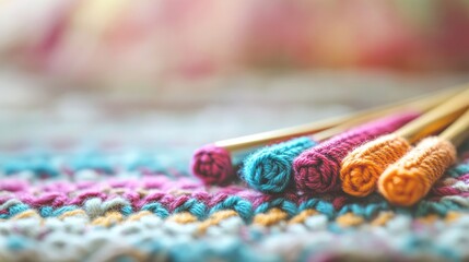 Crochet hooks with a focus on knitting Blurred background for creative space